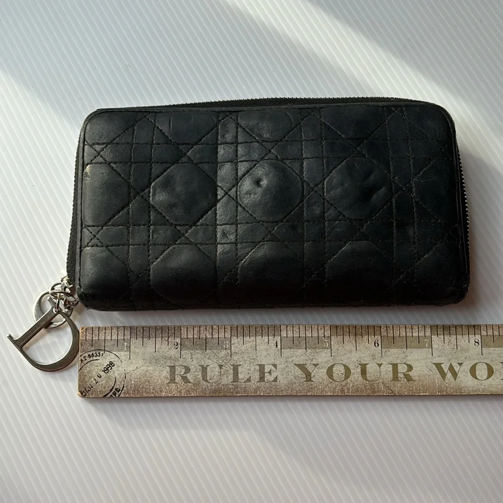 Lady Dior Voyageur Cannage Black Quilted Leather Zip Around Wallet w/ Logo charm